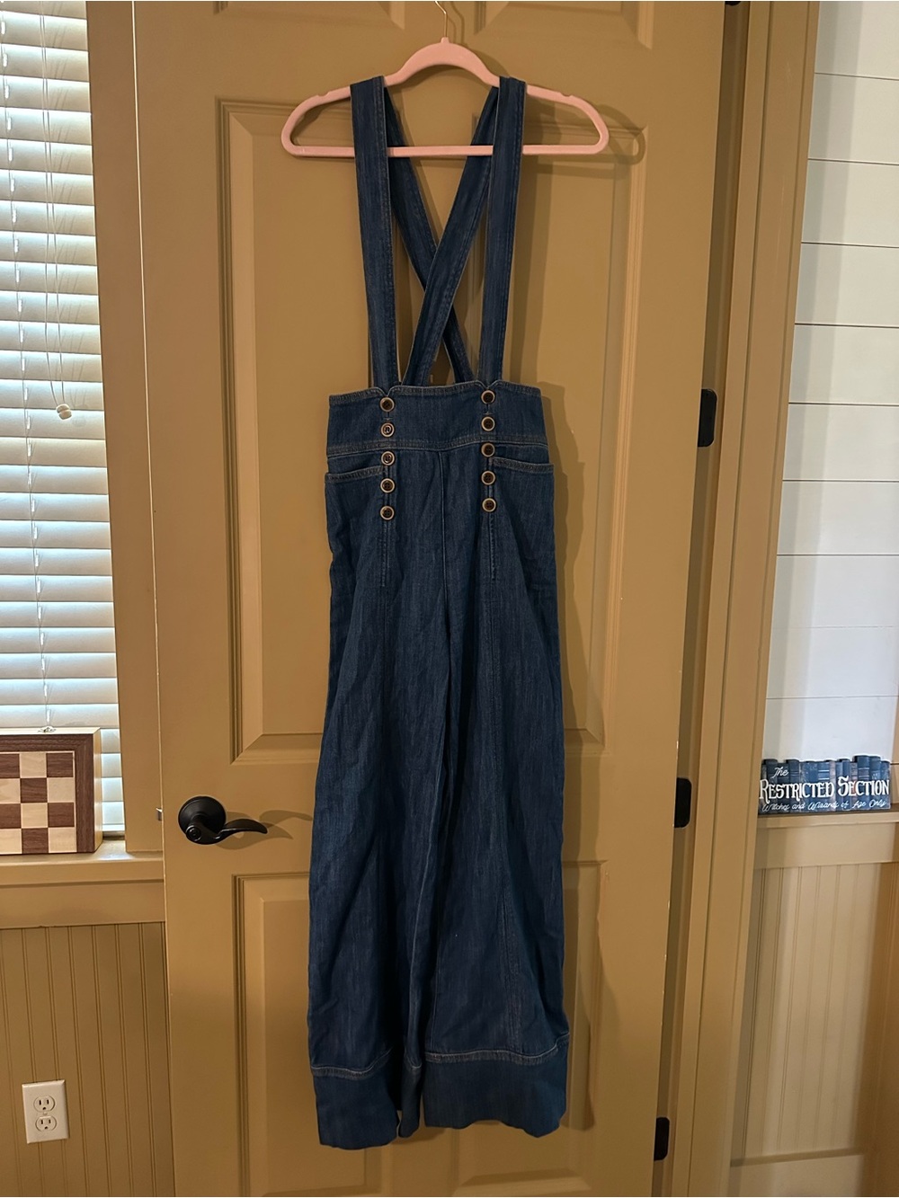 Anthropologie High-Waist Wide-Leg Overalls in Dark Blue Denim